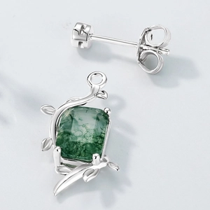 S925 silver moss agate earrings featuring square cut stones and leaf branch designs