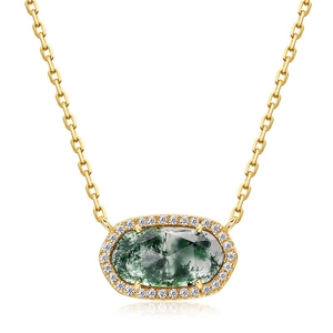 Elegante Halskette mit ovalem Moosachat-Anhänger und Pavé-Halo in 18K vergoldetem Silber