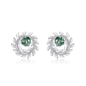 Elegant S925 silver olive branch stud earrings with natural green moss agate stones