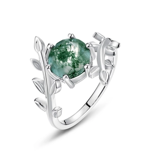 S925 silver ring featuring green moss agate stone with intricate leaf branch design