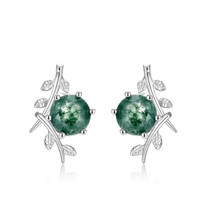Natural moss agate olive branch earrings in S925 sterling silver with green gemstones