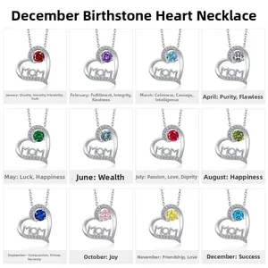 Detail view of 12 heart-shaped MOM necklaces with various colorful birthstones
