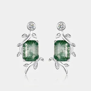 Rectangular Moss Agate 925 Sterling Silver Stud Earrings For Women Elegant Leaf Vine Green Natural Agate Rhinestone Jewelry