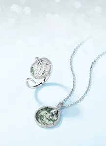 Detailed view of silver snake jewelry set featuring natural green moss agate stones