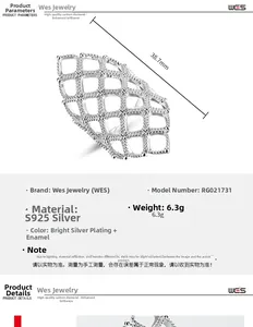 Detailed spec sheet for S925 sterling silver hollow mesh ring weighing 6.3g and 38.7mm