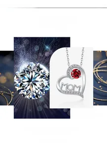 Macro detail of MOM heart pendant with red birthstone and white zircon in S925 silver