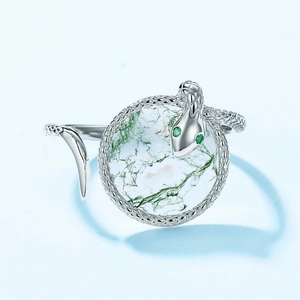 Adjustable S925 sterling silver snake ring with green moss agate and zircon stone eyes