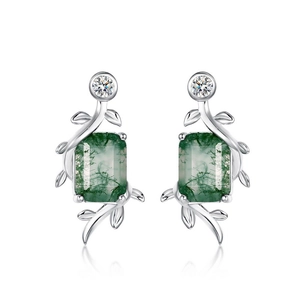 Natural moss agate earrings with vine-shaped S925 silver setting and clear zircon accents