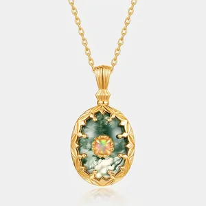 Pendentif Collier en Agate Mousse Naturelle en Argent Sterling 925 Vintage Avec Strass Ovale Gravé Floral Femme Bijoux