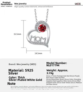 Detail view of S925 silver MOM heart necklace with 5x5mm red zircon and product dimensions