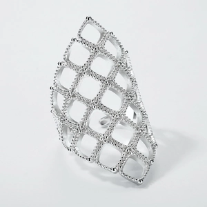 Adjustable hollow mesh geometric ring in S925 silver finish with bead details