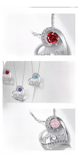 Macro detail of S925 sterling silver MOM heart pendant with colorful birthstone settings