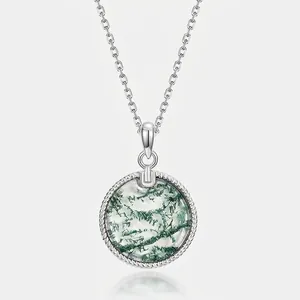 Collier Pendentif Rond en Agate Mousse Naturelle en Argent Sterling S925 pour Femme Bijoux de Luxe Élégants avec Pierre Verte