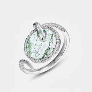 925 Sterling Silver Snake Wrap Ring Natural Moss Agate Round Stone Rhinestone Retro Open Adjusted Finger Ring For Women