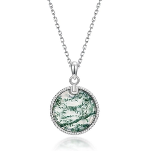 Collier en argent S925 avec pendentif disque en agate mousse et bordure torsadée