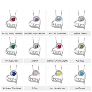 925 Sterling Silver Heart MOM Pendant Necklace For Women Heart Shaped Birthstone Zirconia Necklace Mother's Day Gift Jewelry