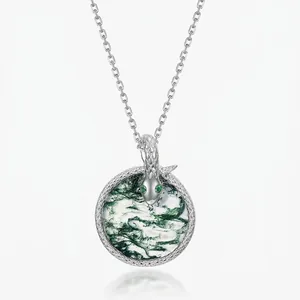 S925 Sterling Silver Snake Wrapped Natural Moss Agate Pendant Necklace For Women Elegant Green Stone Circular Jewelry Gift