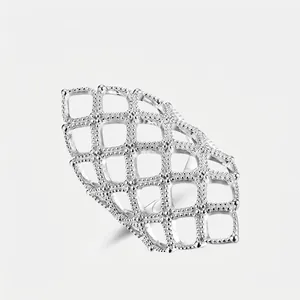 Women's 925 Sterling Silver Hollow Mesh Open Ring Adjustable Geometric Grid Statement Index Finger Ring Fashion Jewelry
