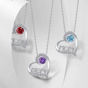 S925 silver heart necklaces with colorful gemstones and MOM engraving in three colors