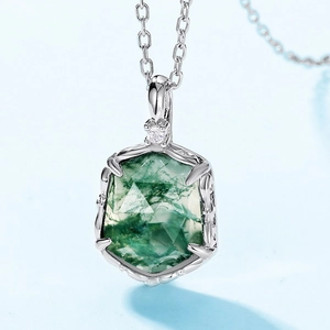 Hexagon moss agate pendant in S925 sterling silver branch setting with a small zircon