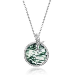 Vintage S925 silver snake necklace with a natural green moss agate round pendant