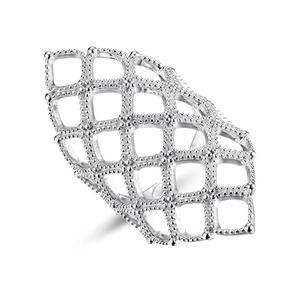 Hollow grid wide silver ring with delicate beaded texture and adjustable open design