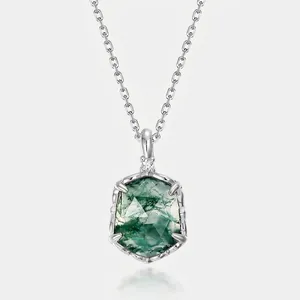 Natural Moss Agate Pendant Necklace 925 Sterling Silver Geometric Hexagon Green Stone Rhinestone Inlaid Jewelry For Women