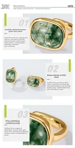 Macro shot of cushion-cut green moss agate stone set in S925 sterling silver gold plating
