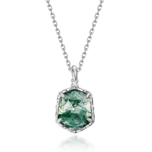 S925 sterling silver hexagonal green moss agate necklace pendant on a white background