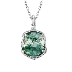 Natural hexagon moss agate pendant necklace in S925 sterling silver with a minimal silver chain