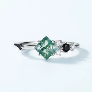 Bague en argent S925 avec agate mousse taille cerf-volant et éclats de zircon