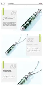 Detail of S925 silver cylinder necklace featuring natural green moss agate stone pendant