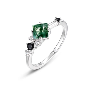 Bague en argent S925 avec agate mousse verte carrée et petits diamants d'accentuation