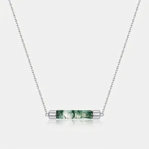 Minimalist 925 Sterling Silver Moss Agate Pendant Necklace Green Water Grass Stone Geometric Cylinder Necklaces For Women Jewelry