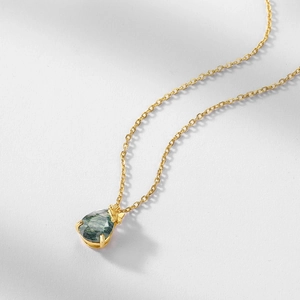 S925 silver water drop moss agate necklace with a delicate bowknot and 18K gold finish