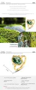 Detail view of 925 silver ring featuring green moss agate and dimensions 7.5x11.5mm