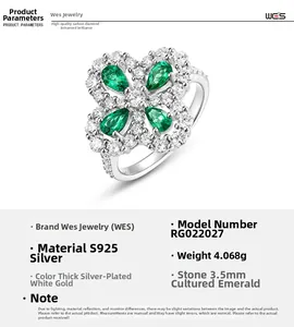 Macro detail of S925 silver four-leaf clover ring with pear-cut emerald gemstones