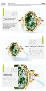 Detail of S925 silver ring with green moss agate stone and pearls in gold finish