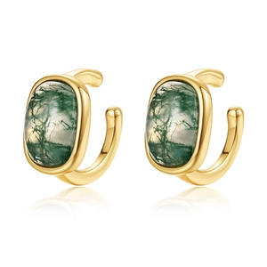 Elegant gold moss agate ear cuffs featuring green natural patterns and minimalist design