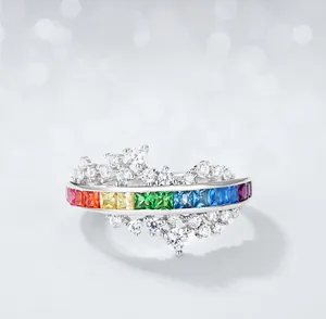 Detail view of S925 silver ring featuring gradient rainbow zircon and round white stones
