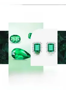 Detail of emerald cut gemstone earrings with a halo of white cubic zirconia stones