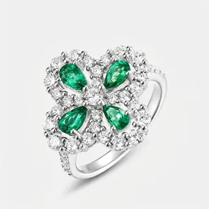 Vintage 925 Sterling Silver Lab-Grown Emerald Clover Ring For Women Elegant Rhinestone Inlaid Flower Shape Wedding Jewelry