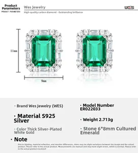 Detailed view of S925 silver emerald cut stud earrings with 6x8mm lab gemstones