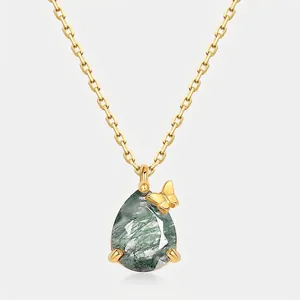 925 Sterling Silver Natural Moss Agate Pendant Necklace For Women Water Drop Green Gemstone Gold Plated Butterfly Jewelry
