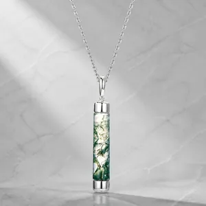 Natural Moss Agate Cylinder Pendant Necklace For Women 925 Sterling Silver Geometric Water Grass Agate Clavicle Chain Jewelry