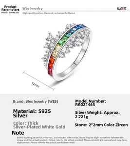 Detailed specs of S925 silver ring featuring a wave design and colorful cubic zirconia