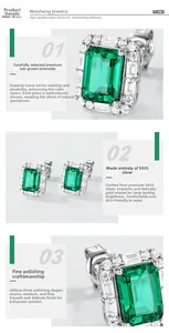 Macro view of S925 silver emerald cut earring with rectangle green gemstone and white zircon