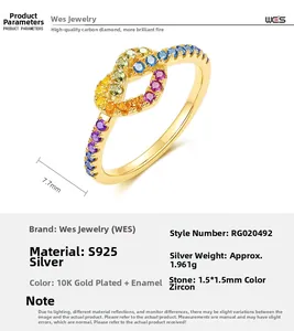 Macro detail of S925 silver rainbow zircon ring with multicolor stones and gold finish