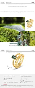 Detailed view of the 10K gold-plated S925 silver ring set with natural green moss agate