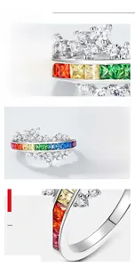 Macro shot of S925 sterling silver ring with multi-color rainbow cubic zirconia setting